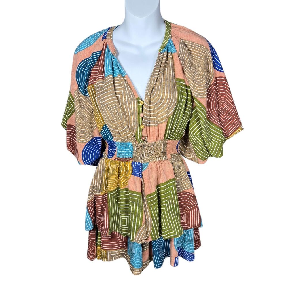 Entro Womens Small Geometric Romper Multicolor Boho Kimono Sleeve